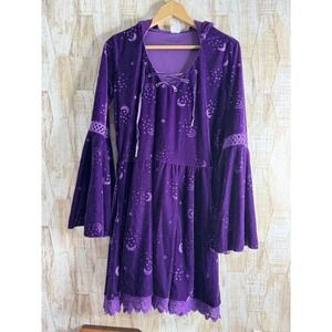 Spirit Halloween Purple Velvet Moon Star Bell Sleeve Hooded Dress L